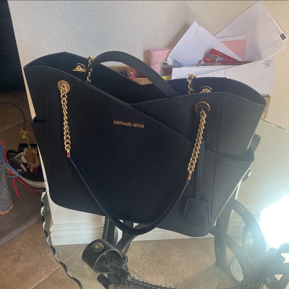 Michael Kors Black Tote and wallet set with Gold Chain Accents